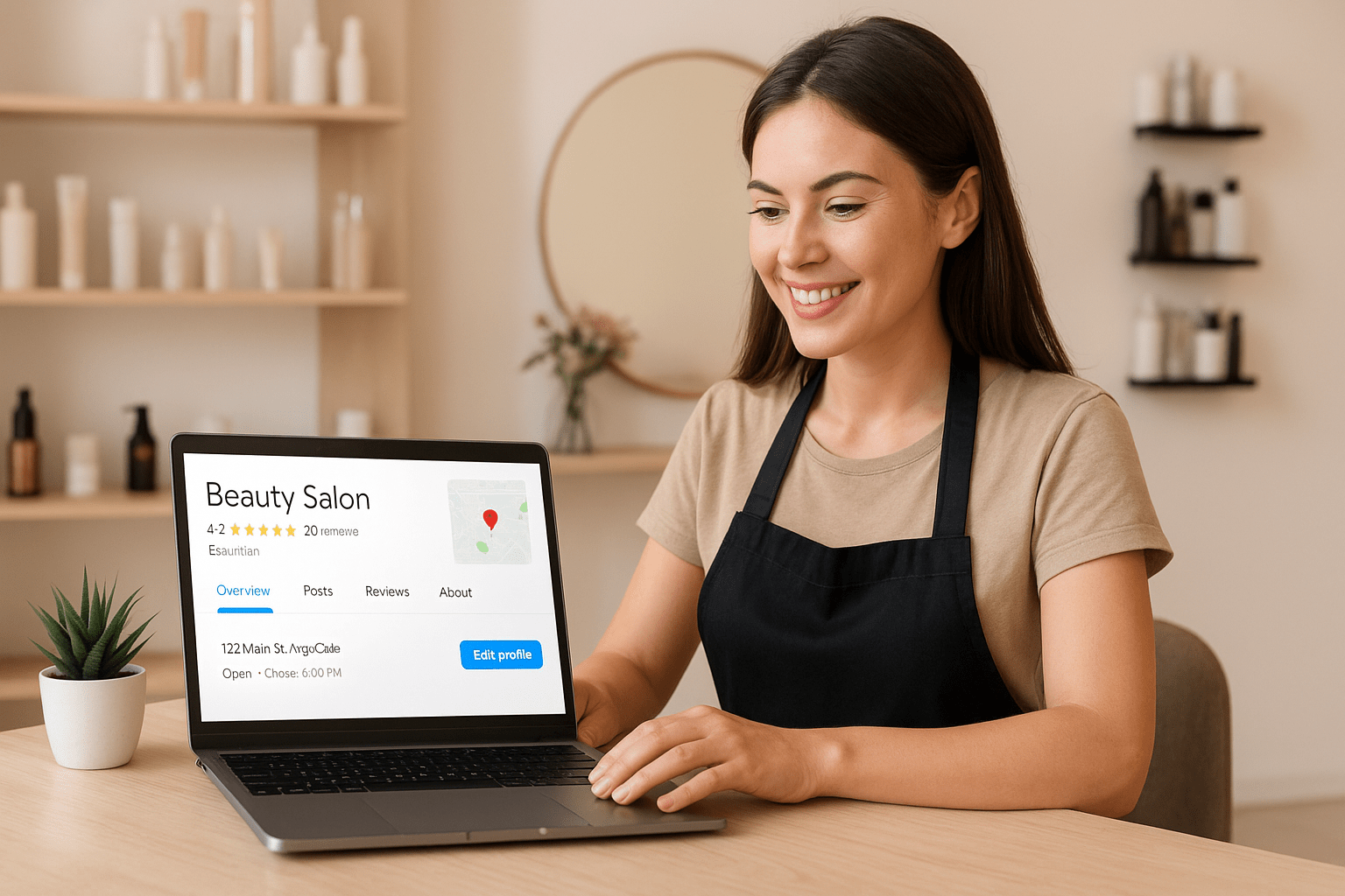Vlasnica beauty salona koristi laptop za upravljanje Google Business profilom i strategijama privlačenja novih klijenata.