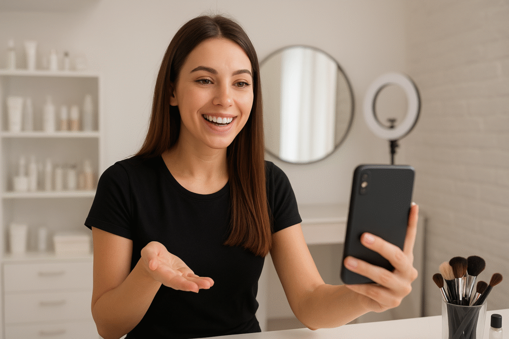 Vlasnica beauty salona snima promotivni video za drustvene mreze koristeci pametni telefon 1